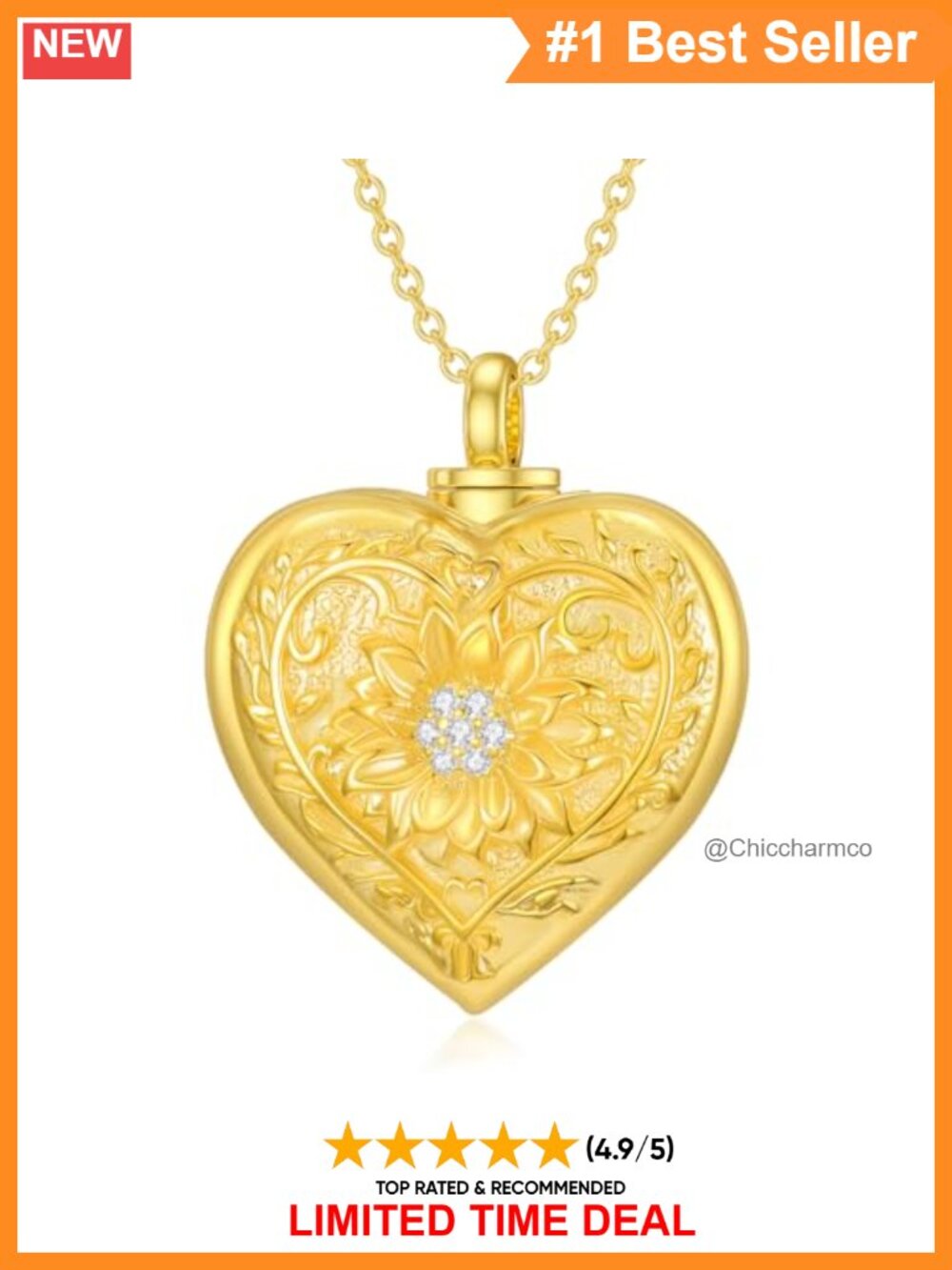 Sterling Silver Sunflower Urn Necklace for Ashes Lab Grown Diamond Memorial